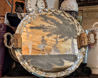Vintage 1950s Italian Murano Mirrored Glass Tray, Venetian Etched Glass Mirrored Vanity Tray
