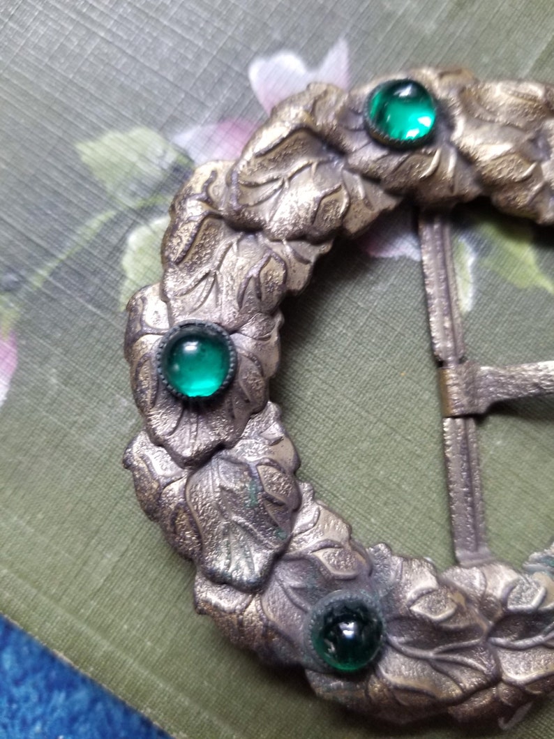 Vintage Art Nouveau Brass Buckle with Emerald Green Cabochons image 4