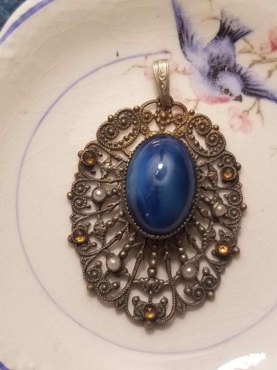Antique Filigree Pendant with Royal Blue Glass Cab
