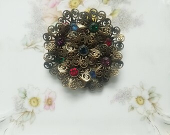 Vintage Filigree Floral Multicolored Rhinestone Brooch