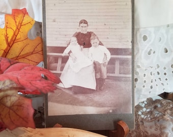 1910s Cabinet Card Mother Holding Baby and Toddler with Eyes Colored In