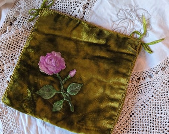 Vintage Handmade Velvet Lingerie Bag w Rose Appliqué