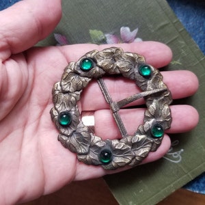 Vintage Art Nouveau Brass Buckle with Emerald Green Cabochons image 6