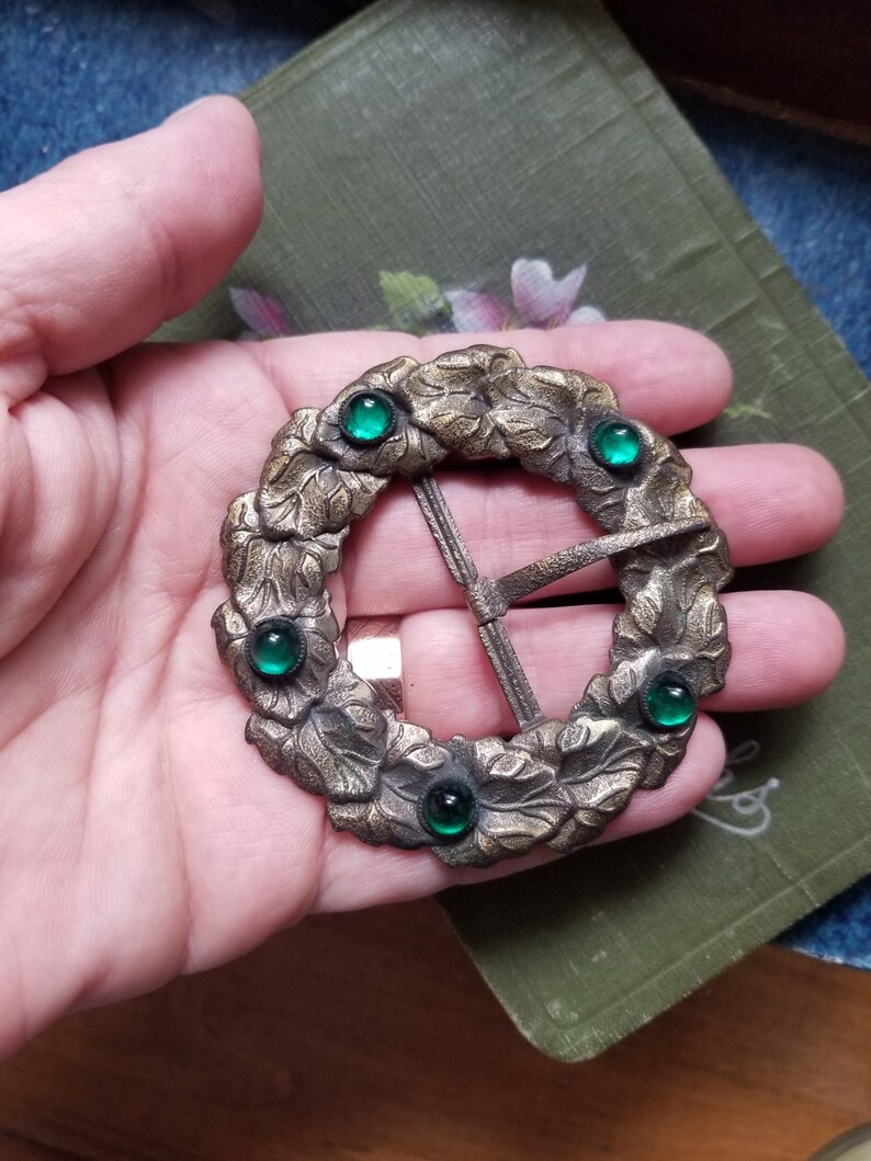 Vintage Art Nouveau Brass Buckle with Emerald Green Cabochons image 6