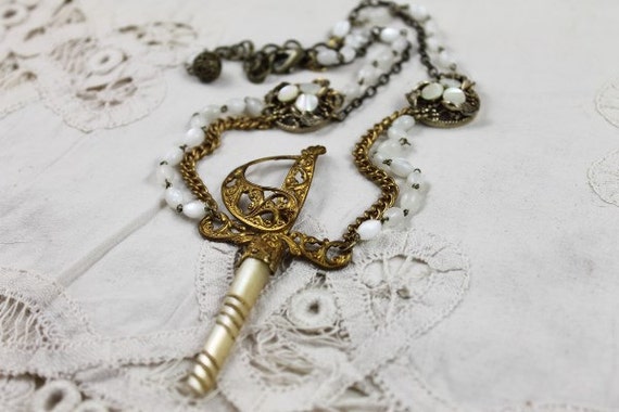 Antique brass necklace pastel flower necklace floral glass bead chain necklace mother of pearl romantic vintage 20 assemblage patina