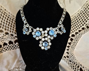 Vintage Art Deco Style Necklace with Blue Rhinestones