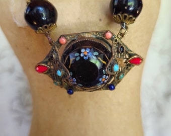 Vintage Hand Made Art Nouveau Glass Beaded Necklace with Hand Painted Pendant