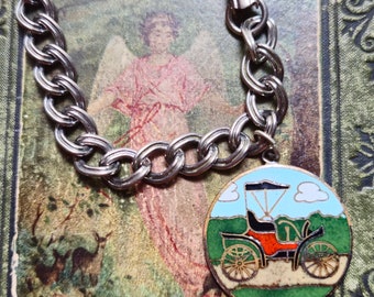 Vintage Silver Chain Link Bracelet with Enamel Model T Charm Medallion