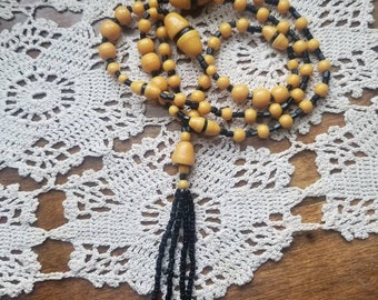 Vintage Art Deco Black and Butterscotch Beaded Tassel Necklace