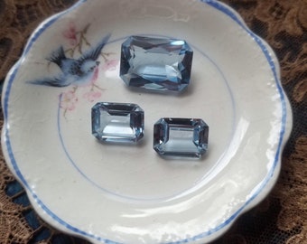 Vintage AquaMarine Glass Loose Stones Set 3, Vintage AquaMarine Loose Crystal Gems Set 3
