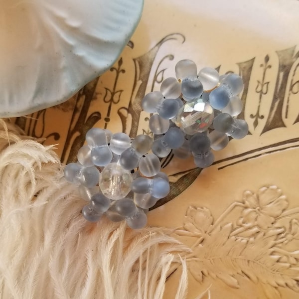 Vintage Western Germany Blue Satin Glass Cluster Earrings, 1950s