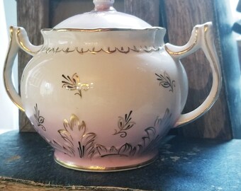 Antique Lidded Pink White with Gold Porcelain Sugar Bowl