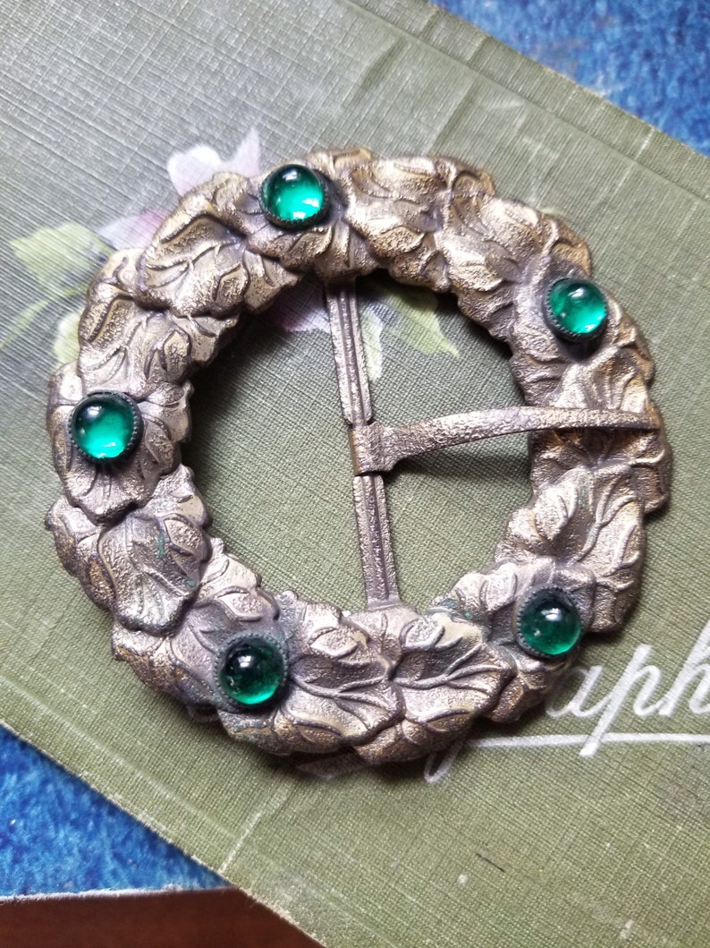 Vintage Art Nouveau Brass Buckle with Emerald Green Cabochons image 2