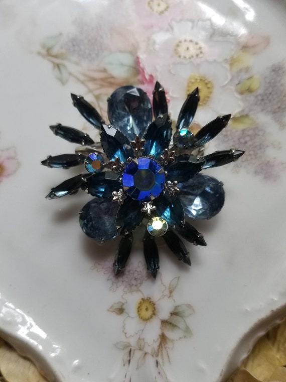 Vintage Royal Blue Rhinestone Brooch, Vintage Mid… - image 1