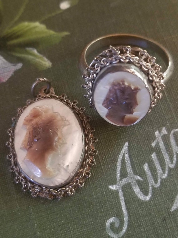 Antique Matching Shell Cameo Ring and Pendant