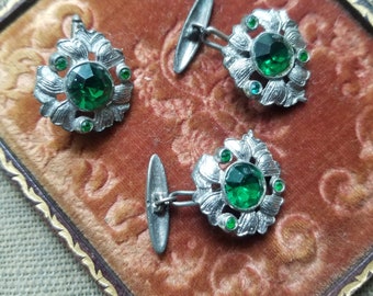 Vintage Art Deco Jeweled Cuff Links and Collar Button SET