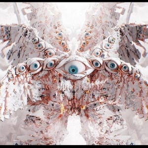 Może przedstawiać: Biały, abstrakcyjny, symetryczny wzór z wieloma niebieskimi oczami. Oczy są ułożone w okrągłym wzorze, z dużym centralnym okiem w środku. Wzór przypomina mandalę lub płatek śniegu.