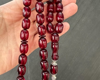 Handcrafted Ottoman Amber Tasbih: Islamic Prayer Beads with Silver Tassel