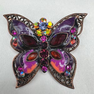 Butterfly Large Enameled and Rhinestone Brooch Marbled Pink AB Copper Tone