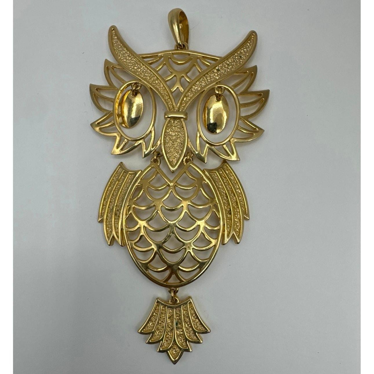 Vintage Articulated Owl Pendant Large Gold Tone 70's