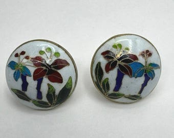 Antique Chinese Cloisonne Clip On Earrings Flower Floral White Blue Red Green