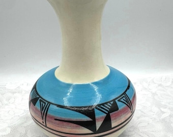 Southwest Pottery Ute Mountain Pottery Vase Signed I Wing Blue Pink Black