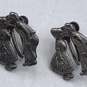Vintage Kissing Dutch Boy & Girl Sterling Silver 925 Screw Back Earrings