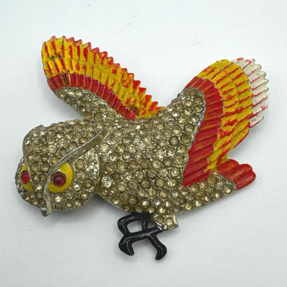 Coro Geissmann Screech Owl 1930s Signed Coro Red Yellow Rhinestones Brooch