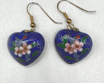 Vintage Floral Cloisonne Puffy Heart Pink Blue Green Flower Earrings Vintage