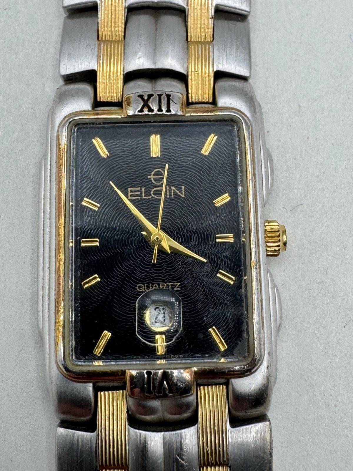 Vintage Elgin Men's Quartz Two Tone Wrist Watch FM333-040 Working Square Face