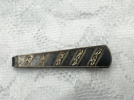 Vintage Sterling Silver Etched Damascene Tie Clip - image 1