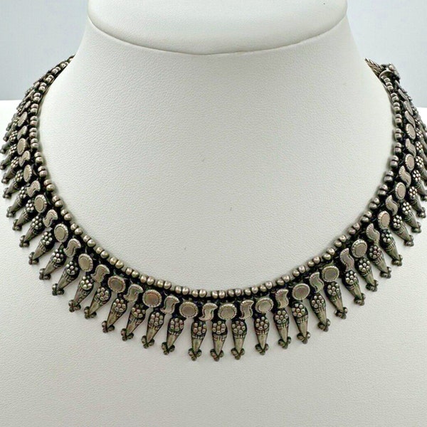 Vintage Rajasthan 925 Sterling India Tribal Necklace, Signed RA 87 grams 15"