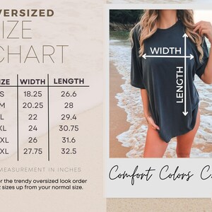 May include: An oversized size chart for a t-shirt with measurements in inches. The chart lists sizes S through 3XL with corresponding width and length values. It includes a visual guide on a dark grey t-shirt and the text Comfort Colors C1717.