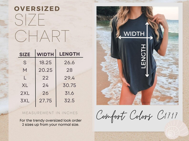 May include: An oversized size chart for a t-shirt with measurements in inches. The chart lists sizes S through 3XL with corresponding width and length values. It includes a visual guide on a dark grey t-shirt and the text Comfort Colors C1717.