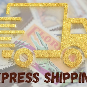 May include: A gold glitter truck graphic with the words "EXPRESS SHIPPING" in brown text. The truck is positioned above a background of colourful postage stamps, suggesting a theme of postal services or delivery.