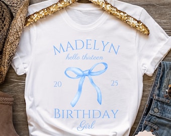 Blue Bow Birthday Shirt, Custom Coquette Birthday Girl Shirt, Ribbon Gift Tee, 12th 1st Birthday Party Tshirt, Sweet Sixteen Birthday Top