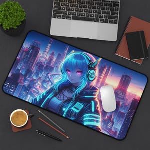 Neon Cyberpunk Desk Mat - Artistic Mouse Pad for Gamers, Gaming Setup, Home Office Decor, Nerd Gift, Anime Style