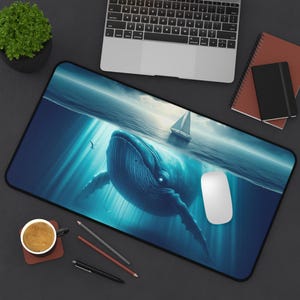 Ocean Depths Whale Desk Mat, Nautical Office Decor, Gaming Room Accessory, Sea Life Desk Pad, Marine Themed Home Office