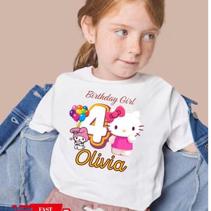 Custom Cute Cat Birthday Girl Shirt, Hello Shirt, Cat Shirt, Cute Cartoon Kids Toddler T-shirt, Kawaii Cat Birthday Theme Party Shirt