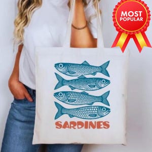 Retro Sardines Tote Bag – Funny Fish Canvas Bag – Nautical Ocean Lover Gift – Reusable Beach Grocery Tote – Quirky Sea Life Shopper Bag