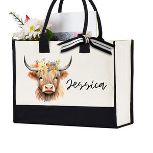 Personalised Highland Cow Tote Bag, Cow Bag, Highland Cow Gift, Farm Animal Tote,Name Tote Bag, Personalised Bag, Animal Lover Gift,Cow Tote
