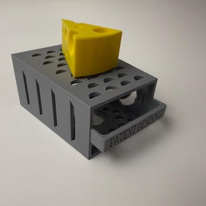 May include: A gray rectangular storage box with a perforated top and a sliding drawer featuring the text PATENT PENDING. A yellow wedge of cheese with circular holes sits on top of the box. The structure has vertical slots along the sides.