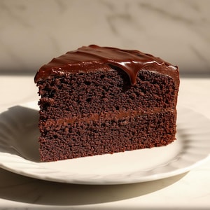 Könnte beinhalten: Ein Stück reichhaltiger Schokoladenkuchen mit dunkler Schokoladen-Glasur, serviert auf einem weißen Teller. Der Kuchen hat ein feuchtes, strukturiertes Aussehen, mit einer Schokoladenfüllung. Die Glasur tropft an der Seite herunter.