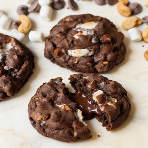 Puede incluir: Primer plano de tres galletas de chocolate con malvaviscos, chispas de chocolate y anacardos. Una galleta está rota, revelando un centro de chocolate derretido. Las galletas están sobre una superficie clara, con ingredientes dispersos.