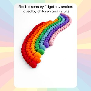May include: A colourful, flexible sensory fidget toy in the shape of a snake. The toy is made of connected segments in red, orange, yellow, green, blue, purple, and pink. The image includes the text: "Flexible sensory fidget toy snakes loved by children and adults."