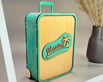 Personalized Vacation Fund Suitcase: Handmade Wooden Piggy Bank