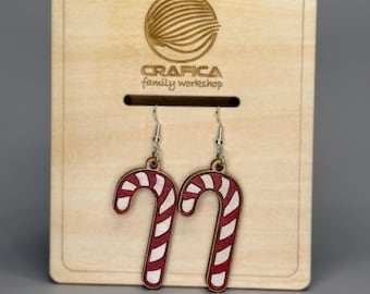 Wooden Candy Cane Earrings - Christmas Jewelry - Handcrafted Holiday Earrings - Festive Dangle Earrings - Gift for Her
