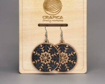 Mosaic Wooden Snowflake Earrings - Birch Wood, Waterproof Finish, Winter Jewelry