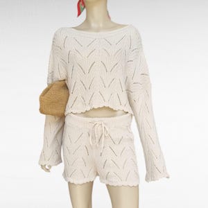 Handmade Cream Knit Two-Piece Set – Long Sleeve Crop Top & Drawstring Shorts, Boho Summer Outfit