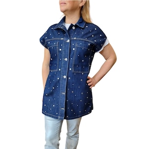 Studded Denim Vest, Long Button-Up Jean Vest, Women’s Oversized Sleeveless Jacket, Trendy Pearl Embellished Denim